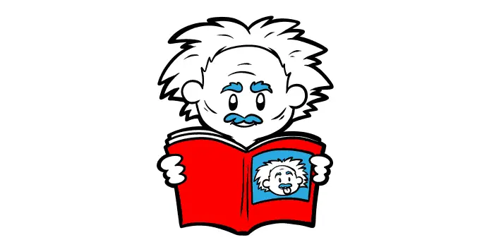 Einstein holds a book. The cover is his own face, tongue out.