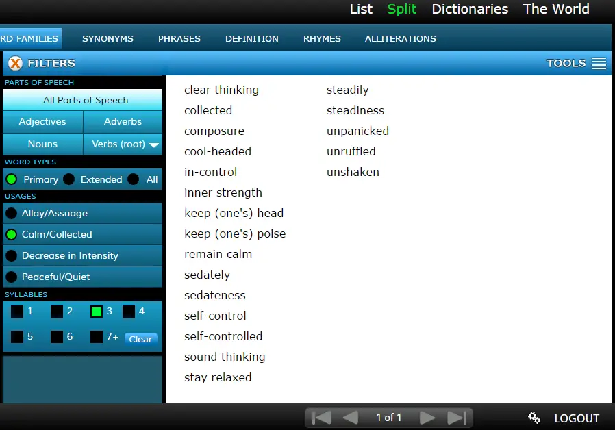 MasterWriter Review - A search for ‘calm’ synonyms allows the filtering system to shine.