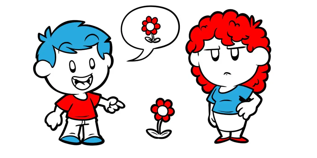 Improve Your Exposition Immediately With This One Simple Tip - A character points to a flower, unnecessarily telling his friend what it is.