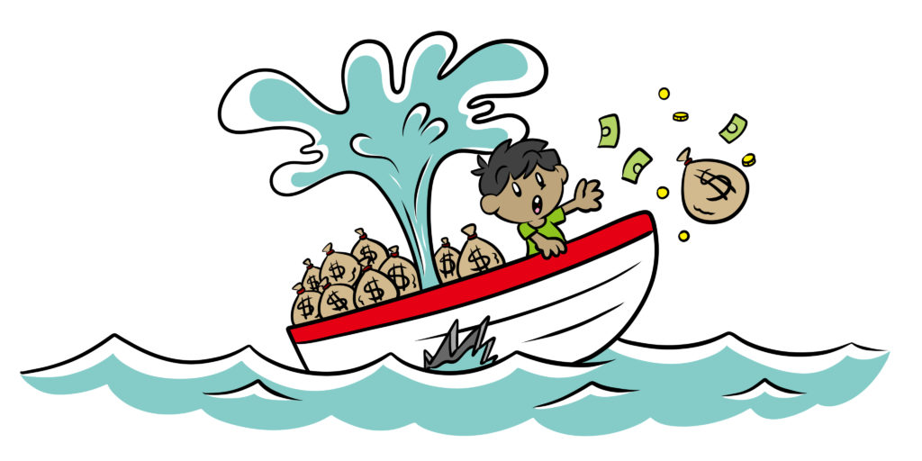How To Save Your Story From The Sunk Cost Fallacy - Jostled by his ship sinking, an author drops a bag of money overboard.