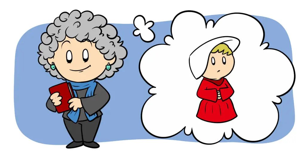 6 Ways Margaret Atwood Can Help You Improve Your Writing - Margaret Atwood stands holding a book, a handmaid in a thought bubble next to her.