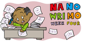 NaNoWriMo Week 4: How To Conclude Your Story - A middle-aged author works frantically on his book.