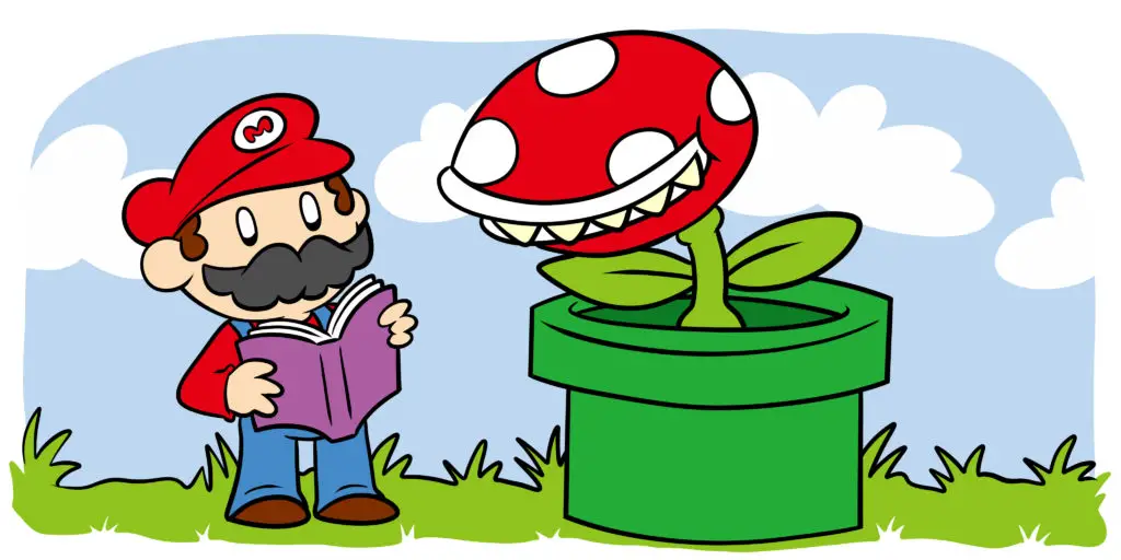 How To Write About Video Games In Fiction - An image reminiscent of Super Mario, in which the character is reading a book.