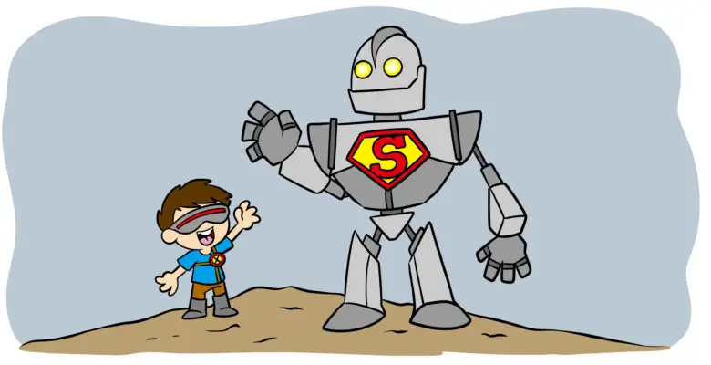 How To Reference Pop Culture In Your Fiction - Characters reminiscent of the Iron Giant and Scott Summers wave at each other (the Iron Giant character wears Superman's S).