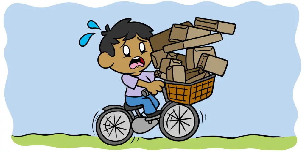 How (And When) To Stop Front-Loading Your Story - A character pedals a bike, the front basket laden with packages.