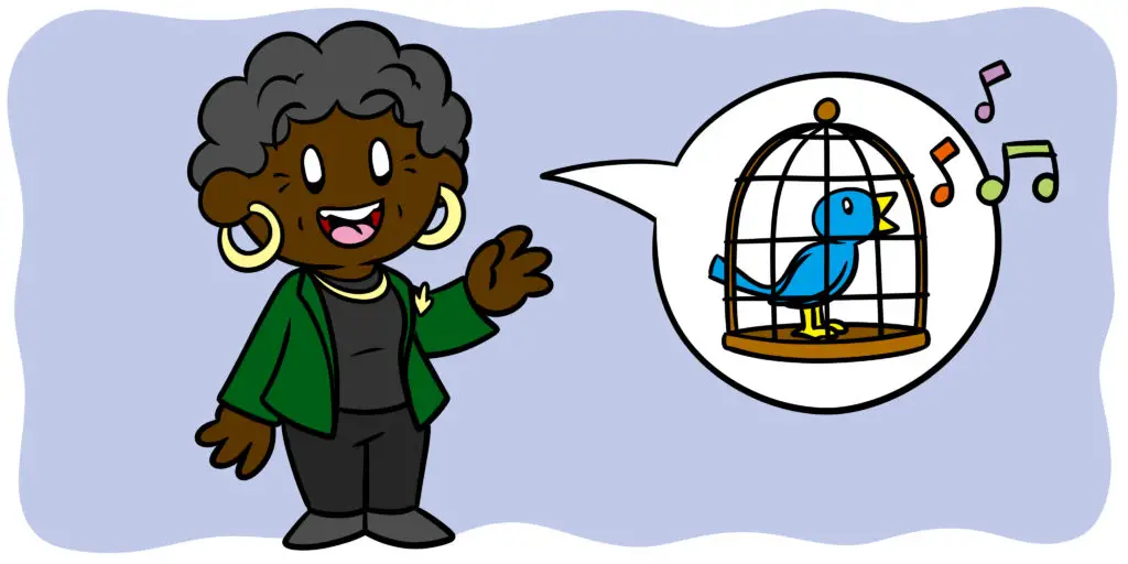 5 Ways Maya Angelou Can Improve Your Writing - Maya Angelou speaks, a caged bird in her speech bubble.