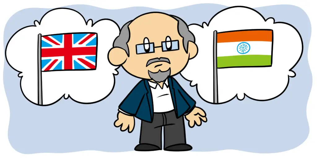 6 Ways Salman Rushdie Can Improve Your Writing - Salman Rushdie stands thinking about the flags of India and the UK.