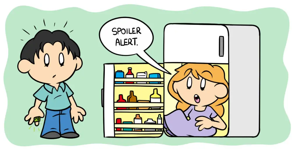 What Is ‘Fridging’, And How Can You Avoid It? - A man opens the fridge to discover a woman, who says 'spoiler alert'.