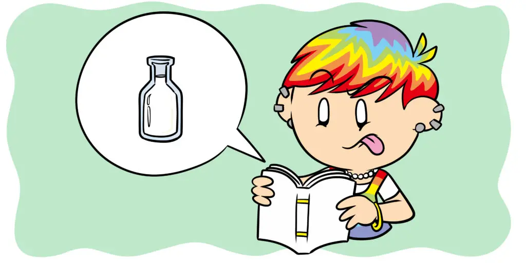 The Color-Coding Technique That Will Save Your Writing - A character with rainbow hair reads a book, complaining that it's bland via an icon of a bottle of milk.