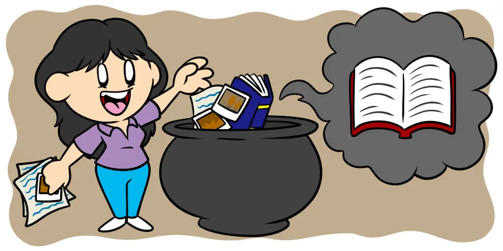 How To Find The Story In Your Non-fiction Project - An author drops books into a cauldron, the best version emerging in a cloud.