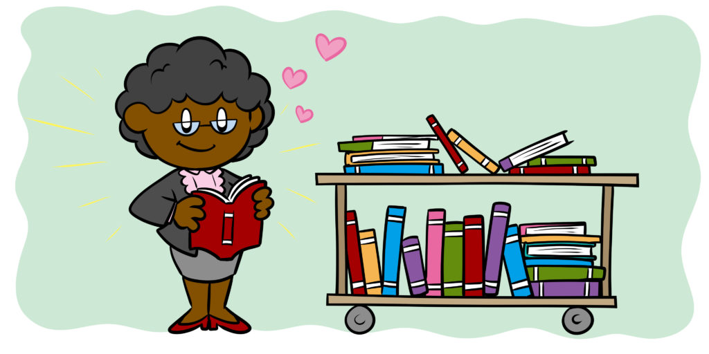 How To Get Libraries To Buy Your Book - A librarian holds a book, love hearts circling her head.