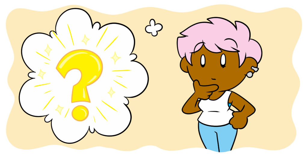 A Single Question To Help You Figure Out What Happens Next - An author ponders, a thought bubble with a question mark in it beside them.