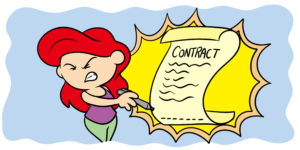 The Legal Obligations Of Self-Publishing And Freelance Writing: What You Need To Know - An author who looks like the Little Mermaid reluctantly signs a contract.