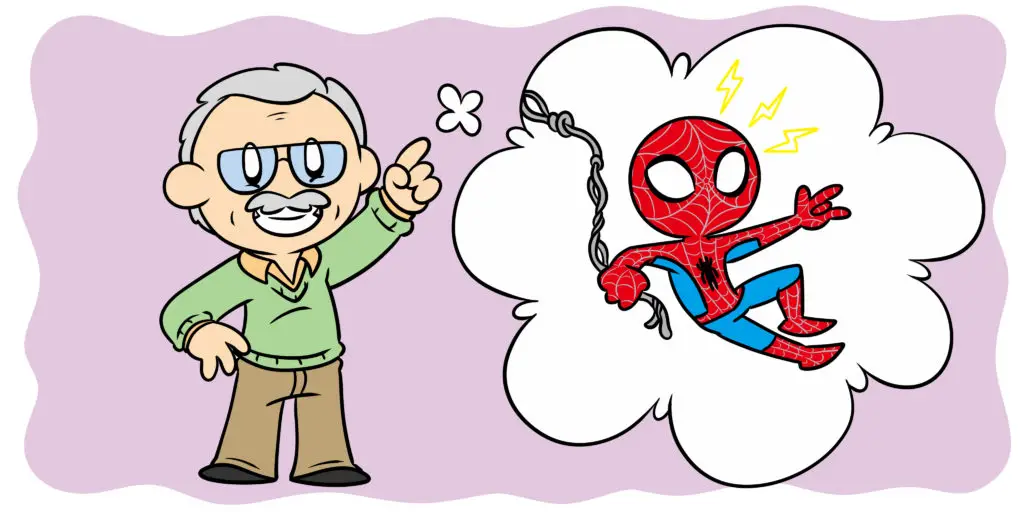 11 Ways Stan Lee Can Help You Improve Your Writing Right Now - Stan Lee waves at the reader beside a thought-bubble containing Spider-Man.