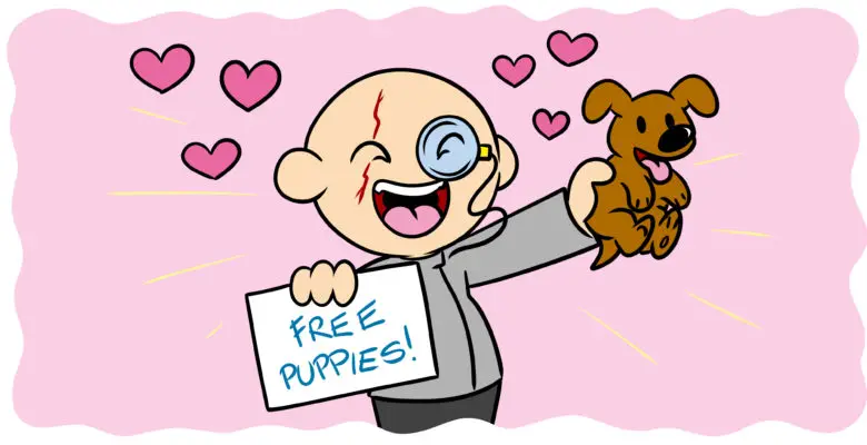 How To Write A Sympathetic Villain - A character who resembles Blofeld holds a sign that reads 'Free puppies!'