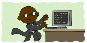 What Is Book Metadata, And How Can It Improve Your Sales? - A character who looks like Morpheus from The Matrix types at a computer.