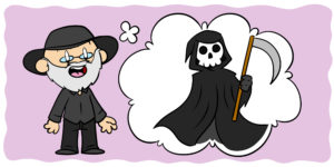 6 Ways Terry Pratchett Can Help You Improve Your Writing - Terry Pratchett grins at the reader, imagining the grim reaper.