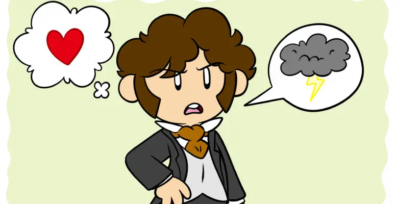 How Do You Write A Great Tsundere Character? - Mr. Darcy looks at the reader, a storm cloud in a thought bubble and a heart in his speech bubble.