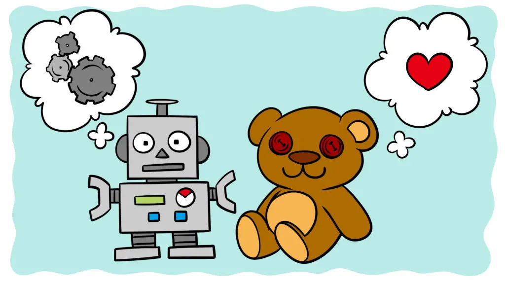 Are You Writing For Systematic Or Empathetic Readers? - A teddy and a robot sit side by side.