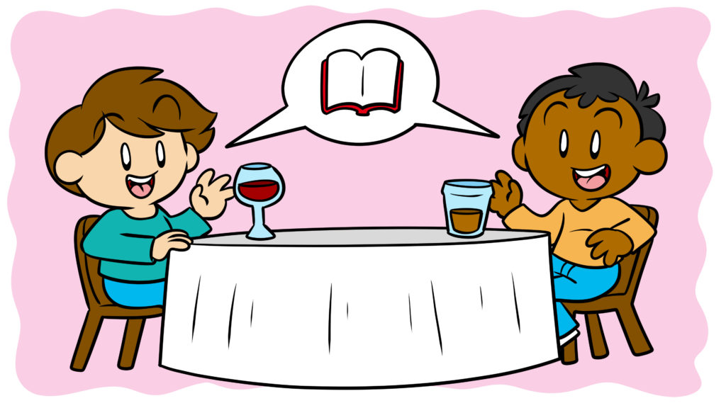 9 Places To Meet Other Authors (And How To Connect Once You Do) - Two authors sit at a dinner table, discussing literature.