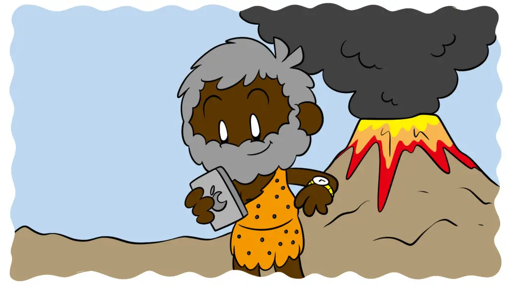 Anachronisms Kill Historical Fiction – Here’s How To Stop Them - A caveman checks his iPhone while a volcano erupts in the background.
