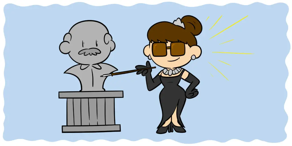 How You Can Overcome The Tiffany Problem In Your Writing - Holly Golightly stands next to a gray statue.